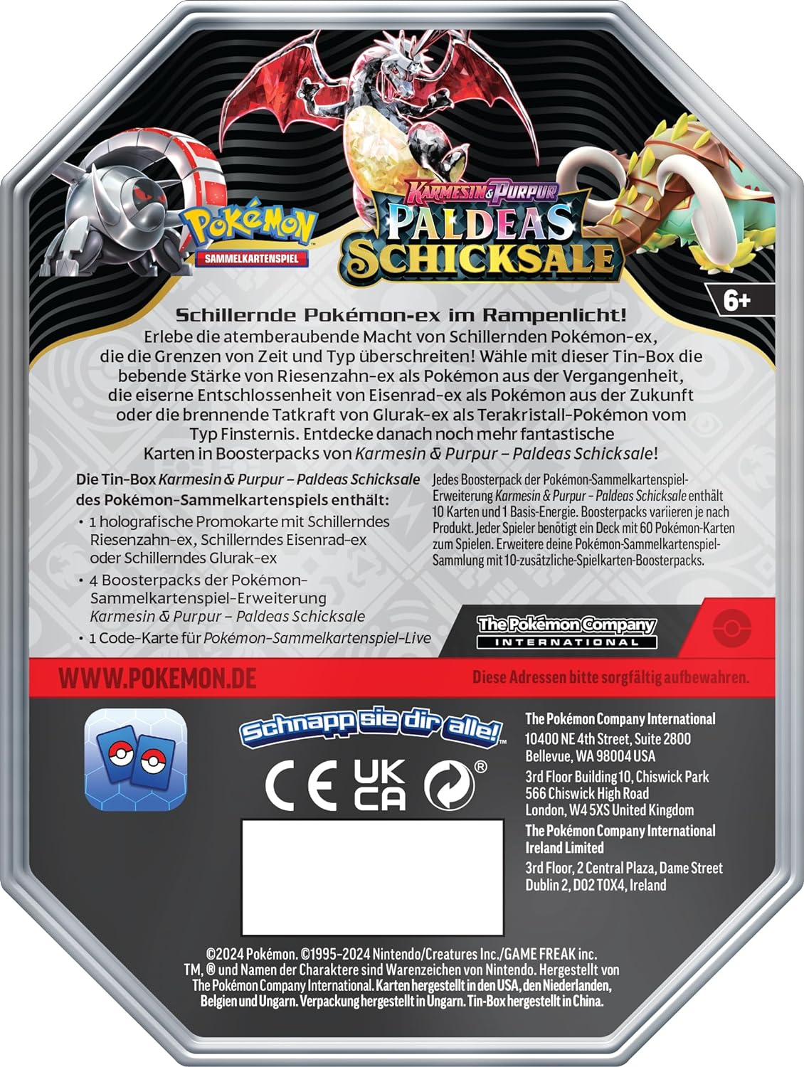 Pokémon-Sammelkartenspiel: Tin-Box Karmesin & Purpur – Paldeas Schicksale – Riesenzahn-ex (1 holografische Promokarte & 4 Boosterpacks)