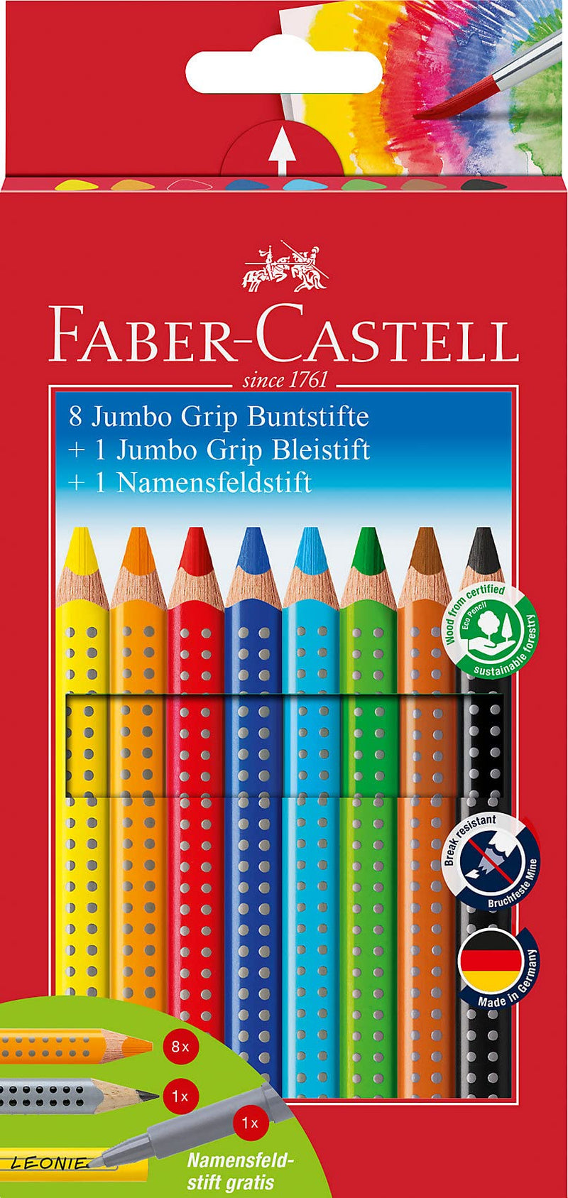 Faber-Castell 280921 Jumbo Grip Pack of 8 with Pencil and Name Field Pen, Single, 10-teiliges Set