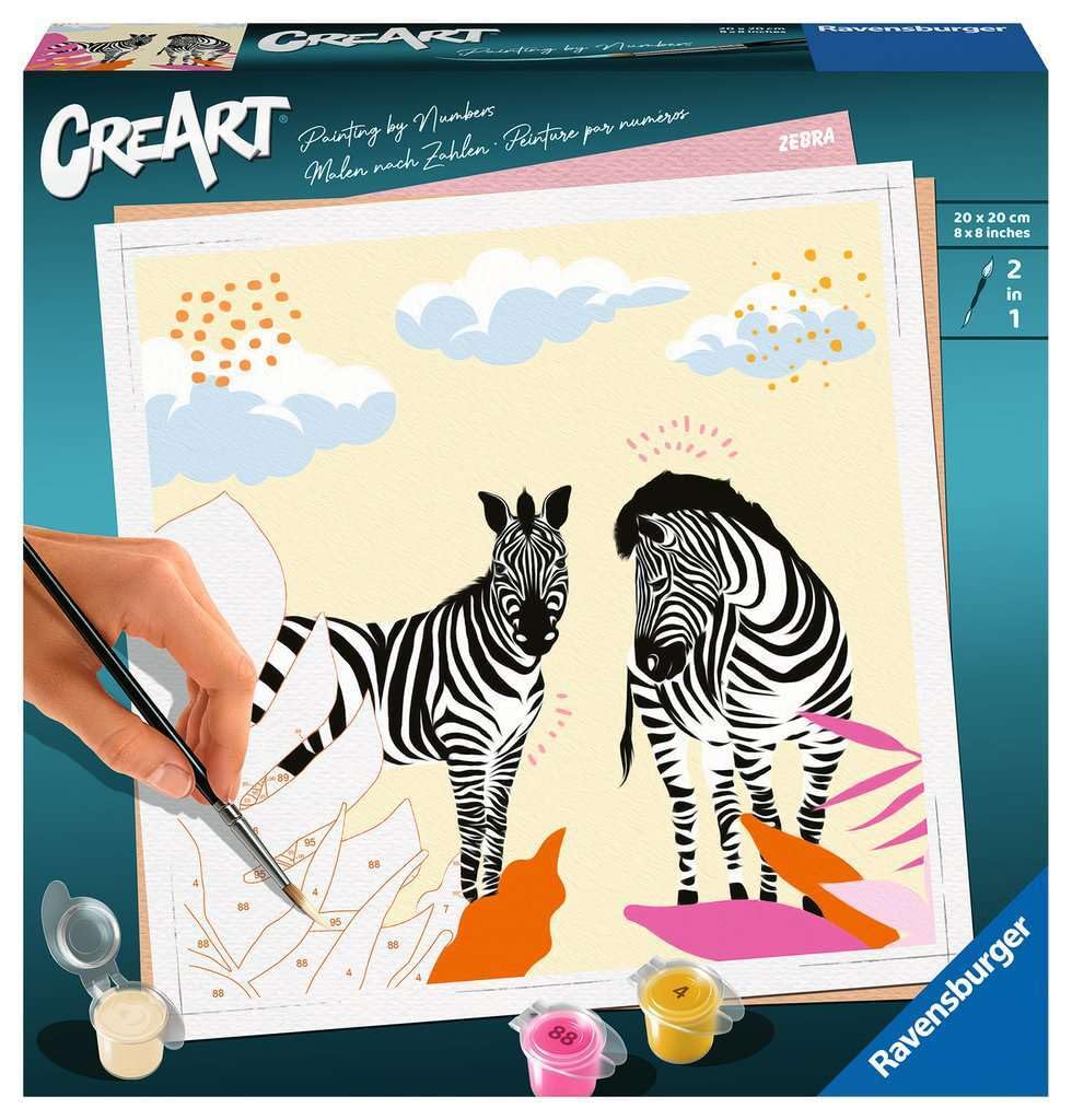 Ravensburger - CreArt Cebra, Kit para Pintar por Números, Contiene una Tabla Preimpresa 20x20 cm, Pincel, Colores y Accesorios, Juego Creativo Relajante para Adultos 14+ Años