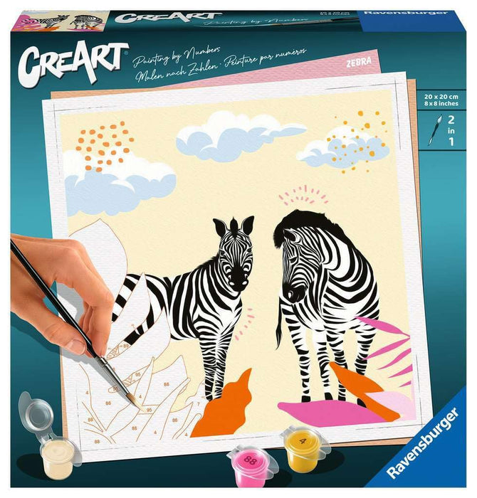 Ravensburger - CreArt Cebra, Kit para Pintar por Números, Contiene una Tabla Preimpresa 20x20 cm, Pincel, Colores y Accesorios, Juego Creativo Relajante para Adultos 14+ Años