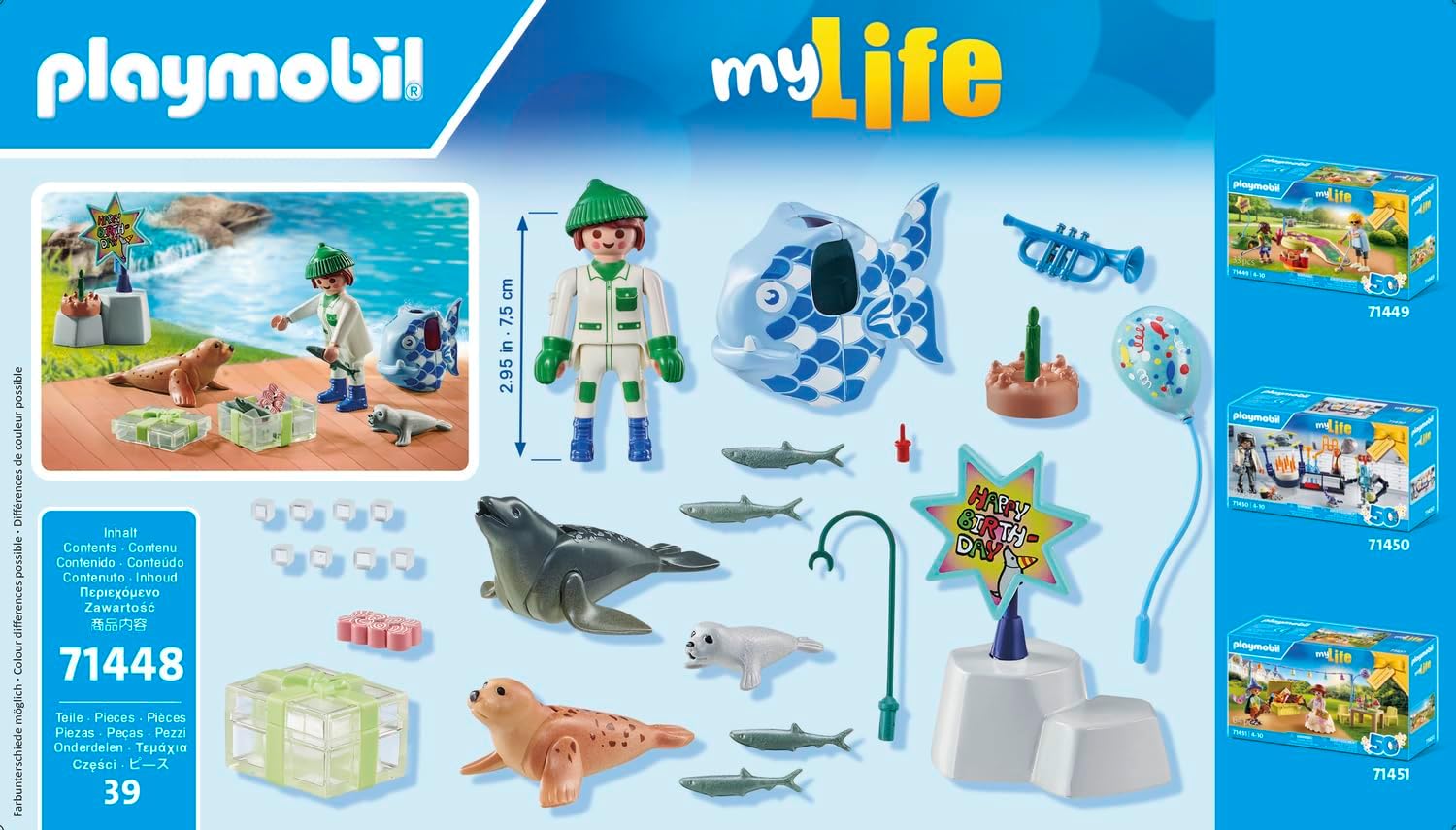 Playmobil 71448 My Life: Keeper with Animals, birthday party with two seals and a baby seal, fun imaginative role-play, artistic play sets suitable for children ages 4+