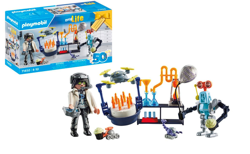 Playmobil 71450 My Life: Researchers with Robots, science-themed party in the lab, including a transport drone and robots, fun imaginative role-play, artistic play sets suitable for children ages 4+