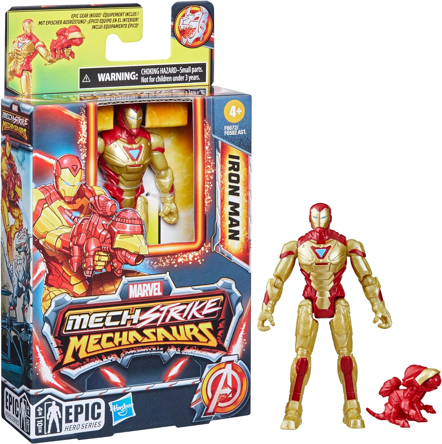 Marvel Mech Strike Mechasaurs Iron Man Action Figure, 4-Inch, with Weapon Accessory, Toys for Kids Ages 4 and Up, Medium