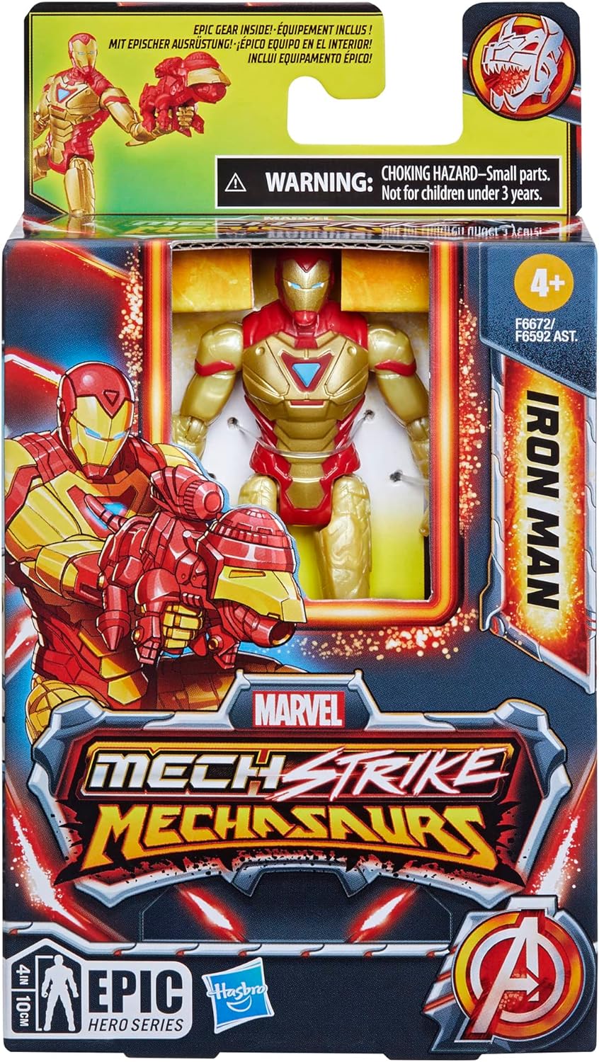 Marvel Mech Strike Mechasaurs Iron Man Action Figure, 4-Inch, with Weapon Accessory, Toys for Kids Ages 4 and Up, Medium