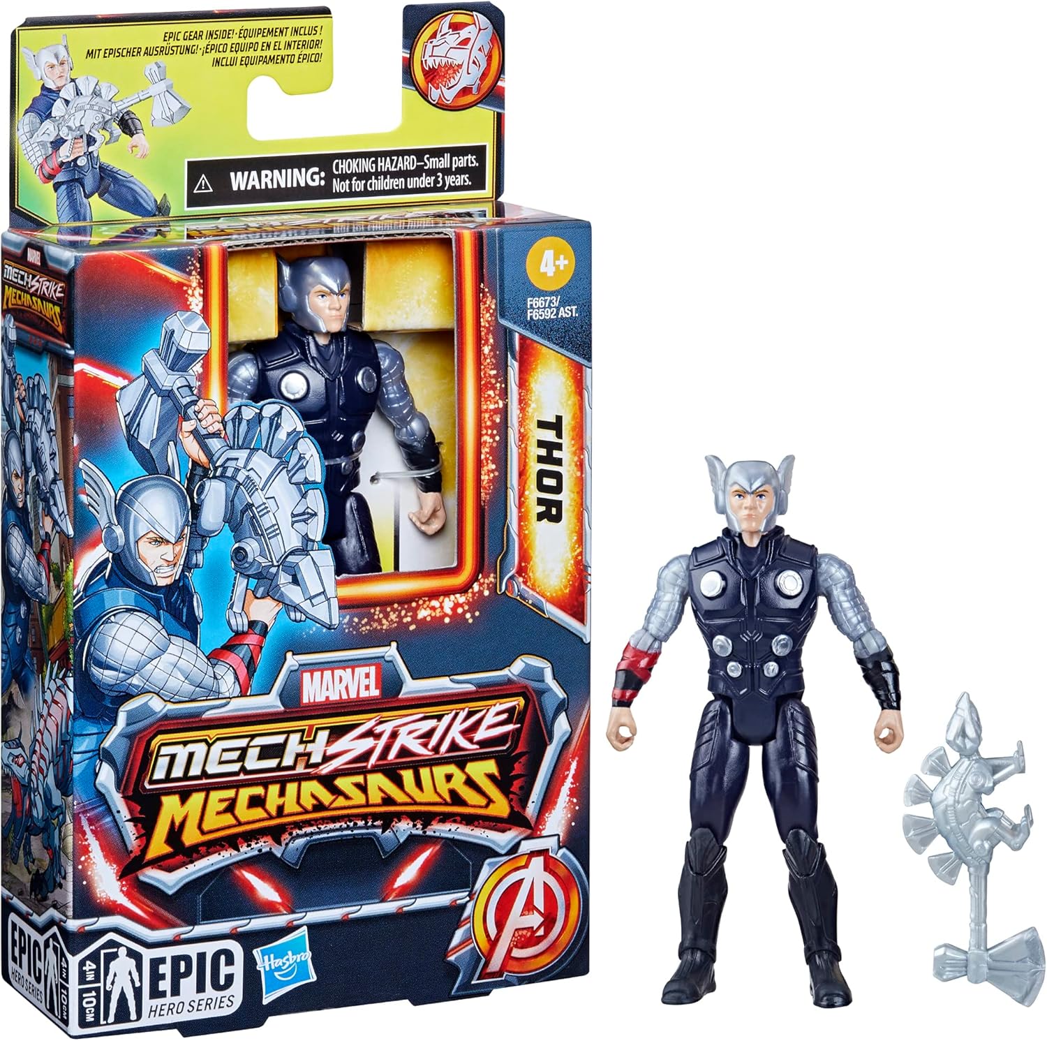 Marvel Mech Strike Mechasaurs, 4-Inch Thor Action Figure with Dino Weapon Accessory, Super Hero Toys for Kids Ages 4 and Up