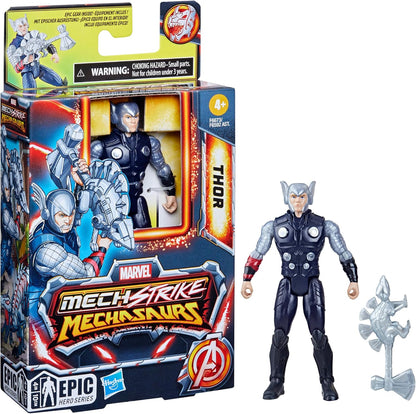 Marvel Mech Strike Mechasaurs, 4-Inch Thor Action Figure with Dino Weapon Accessory, Super Hero Toys for Kids Ages 4 and Up