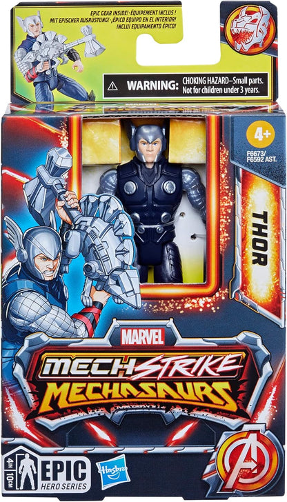 Marvel Mech Strike Mechasaurs, 4-Inch Thor Action Figure with Dino Weapon Accessory, Super Hero Toys for Kids Ages 4 and Up