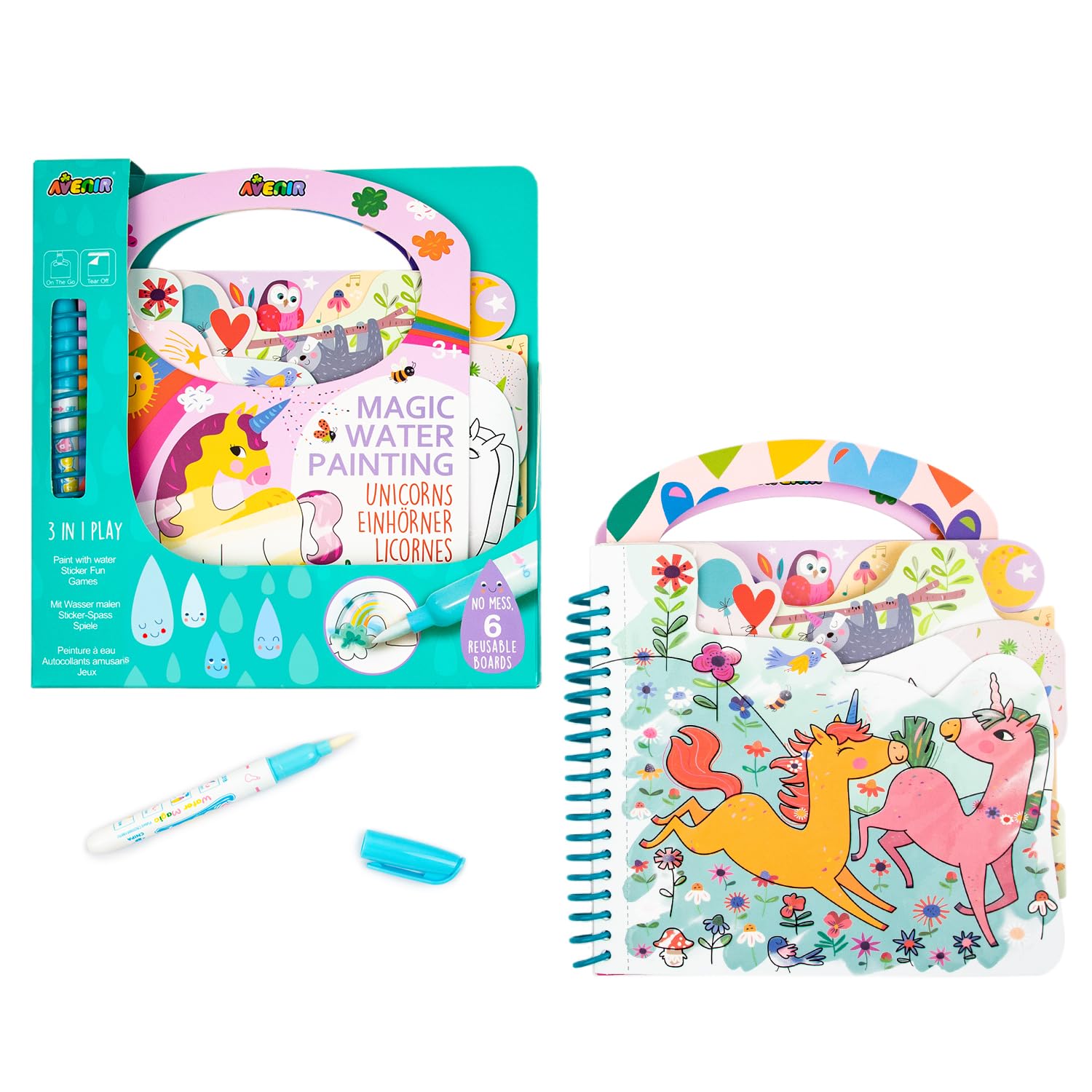 Avenir 6301778 Kleurspel eenhoorns, 3-in-1 creatieve set met spelletjes, stickers en kleurafbeeldingen, doe-het-zelf, activiteitenblok voor kinderen vanaf 3 jaar