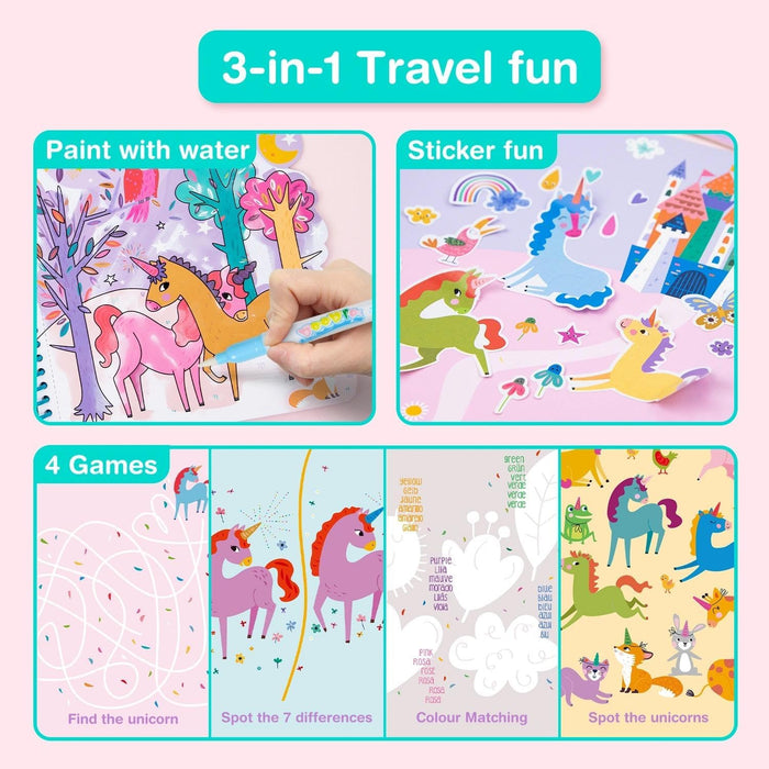 Avenir 6301778 Kleurspel eenhoorns, 3-in-1 creatieve set met spelletjes, stickers en kleurafbeeldingen, doe-het-zelf, activiteitenblok voor kinderen vanaf 3 jaar