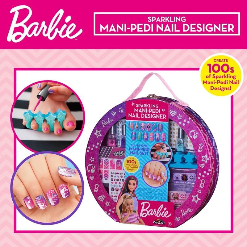Cra-Z-Art 34070 Barbie Sparkling Mani Designer Babrie Carry Case Beauty Set Polish, Pedi soak and Nail Stickers Official Merchandise, Each