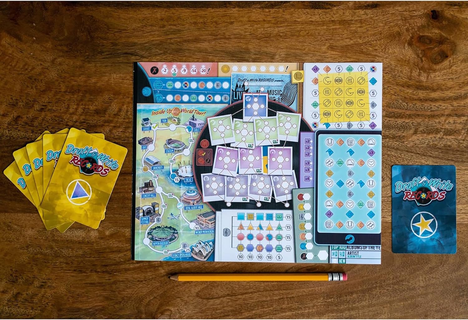 Inside Up Games: Draft & Write Records - Music Board Game, Card Drafting, Draft Your Band, Tour The World, Top The Charts, Age 10+, 1-6 Players
