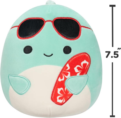 Squishmallows SQCR05372 7.5-Inch-Perry The Teal Dolphin with Sunglasses and Surfboard, Multicolour