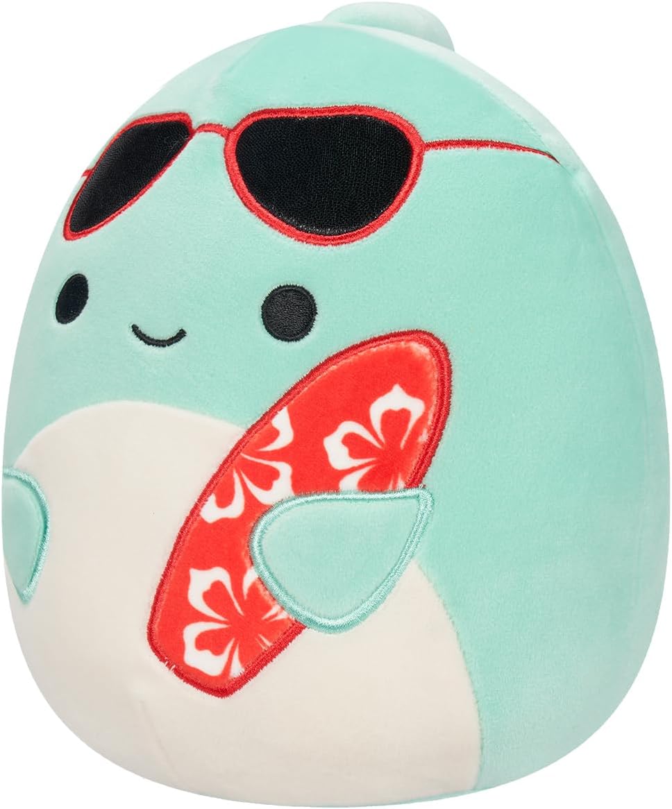 Squishmallows SQCR05372 7.5-Inch-Perry The Teal Dolphin with Sunglasses and Surfboard, Multicolour