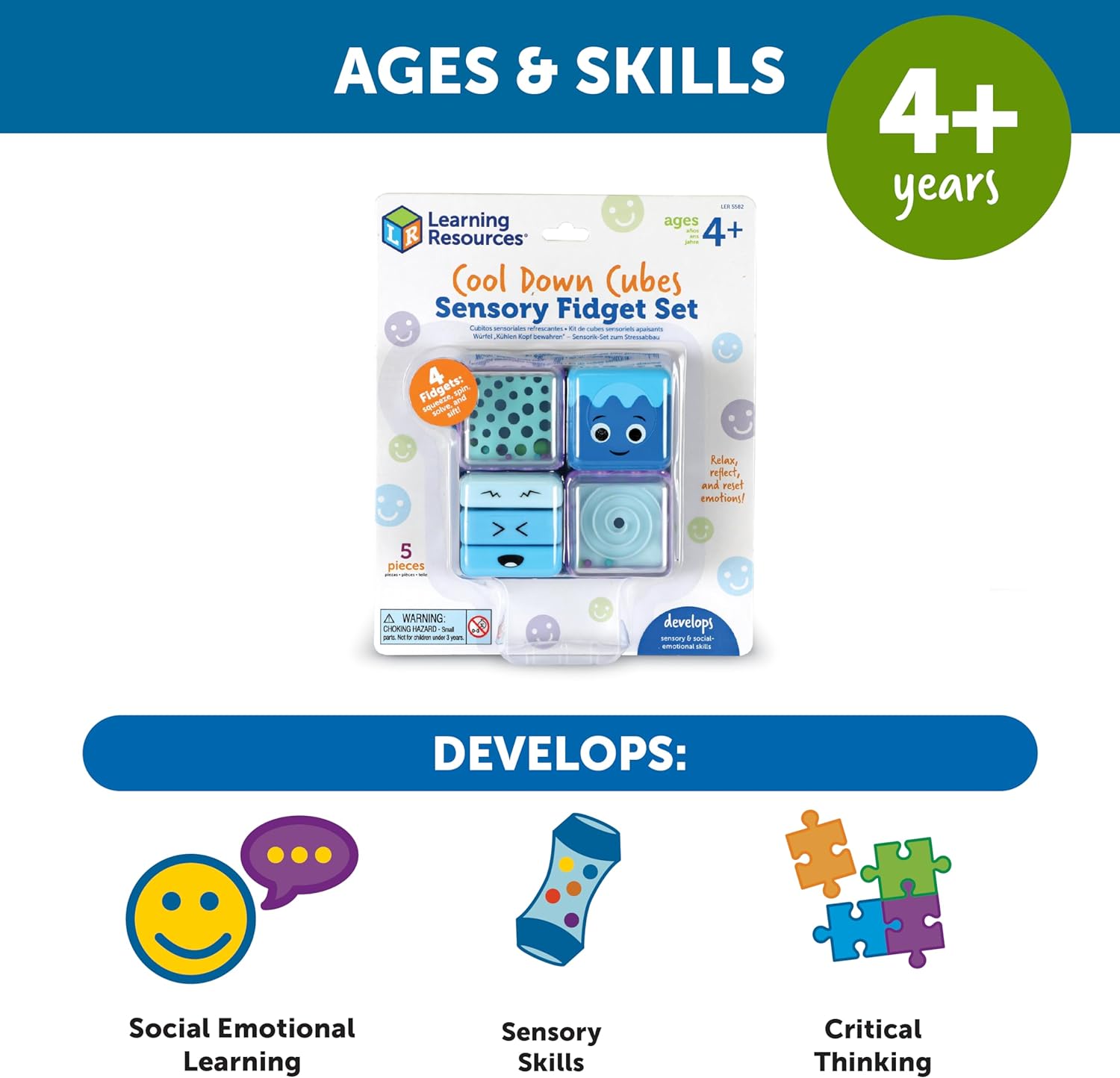 Learning Resources Cubi Sensoriali Antistress Set di 4, età 3+, Giocattoli sensoriali per Bambini, Antistress per aule, 4 Modi per Rilassarsi, Giochi per l'angolo della Calma, Giocattoli ASE