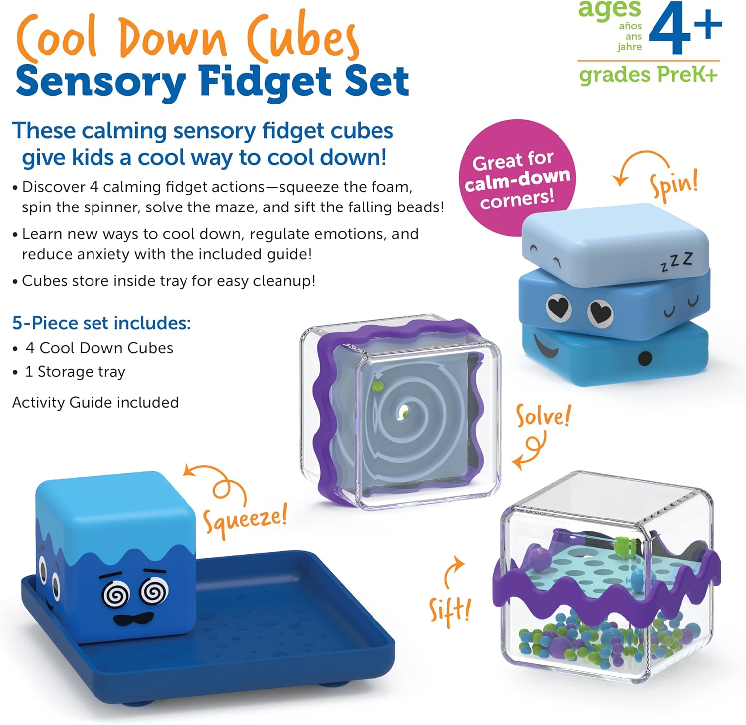 Learning Resources Cubi Sensoriali Antistress Set di 4, età 3+, Giocattoli sensoriali per Bambini, Antistress per aule, 4 Modi per Rilassarsi, Giochi per l'angolo della Calma, Giocattoli ASE