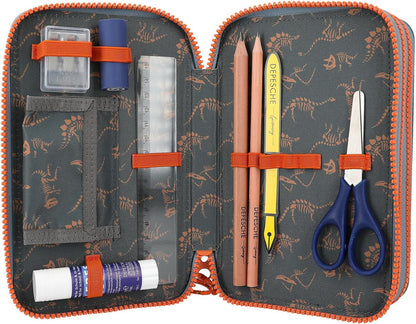 Depesche Dino World 3-Compartment Pencil Case, includes stationery, smoke blue, for children from 0 years
