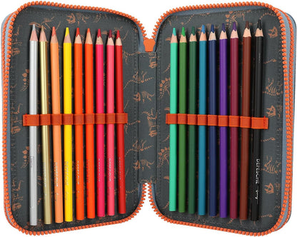 Depesche Dino World 3-Compartment Pencil Case, includes stationery, smoke blue, for children from 0 years