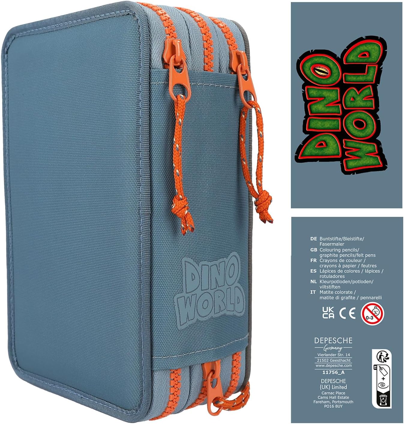 Depesche Dino World 3-Compartment Pencil Case, includes stationery, smoke blue, for children from 0 years