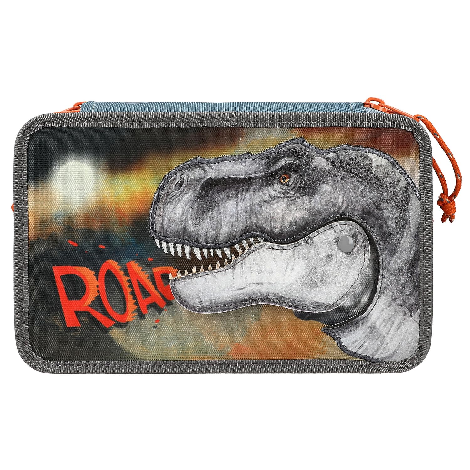 Depesche Dino World 3-Compartment Pencil Case, includes stationery, smoke blue, for children from 0 years