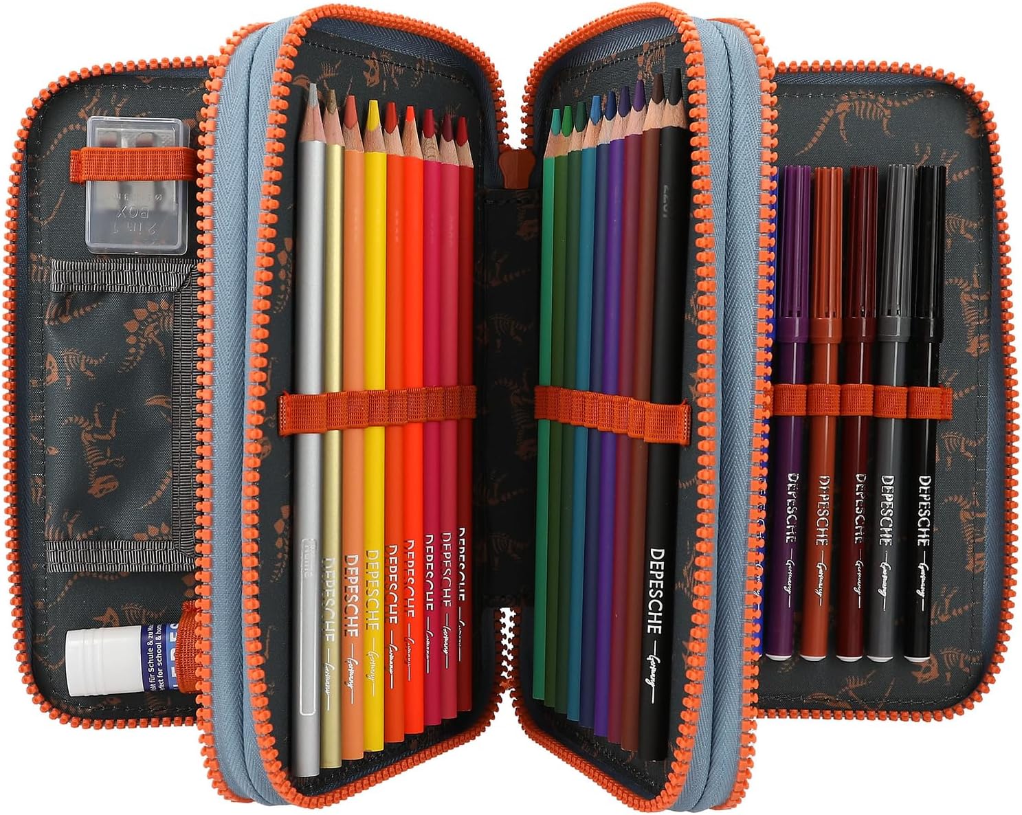 Depesche Dino World 3-Compartment Pencil Case, includes stationery, smoke blue, for children from 0 years
