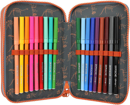 Depesche Dino World 3-Compartment Pencil Case, includes stationery, smoke blue, for children from 0 years