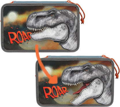 Depesche Dino World 3-Compartment Pencil Case, includes stationery, smoke blue, for children from 0 years