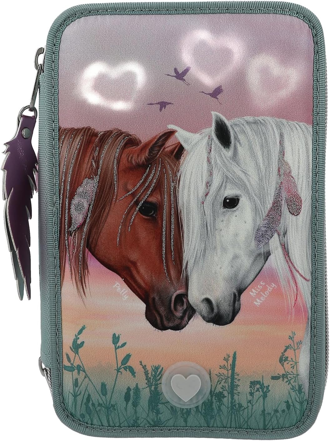 Depesche 11774 Miss Melody 3 Compartments Pencil Case LED Hearts, blue, Pencil case