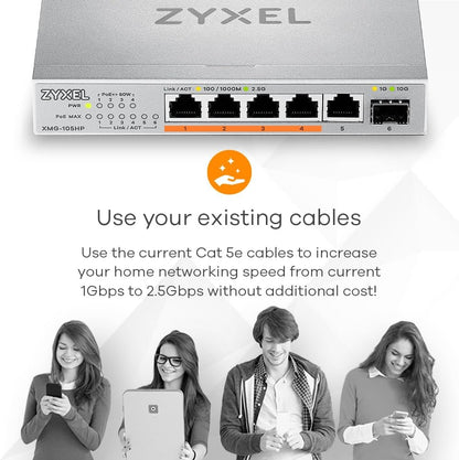 Zyxel 5-Port PoE 2.5G Multi-Gig Unmanaged Switch @ 70W con 4 x PoE++(60W) | 1 x 10G SFP+ | Montaje en sobremesa o Pared