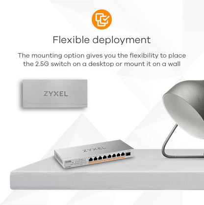 Zyxel 8-Port PoE 2.5G Multi-Gig Unmanaged Switch @ 100W with 8 x PoE++(60W) | 1 x 10G SFP+ |desktop or wall mount