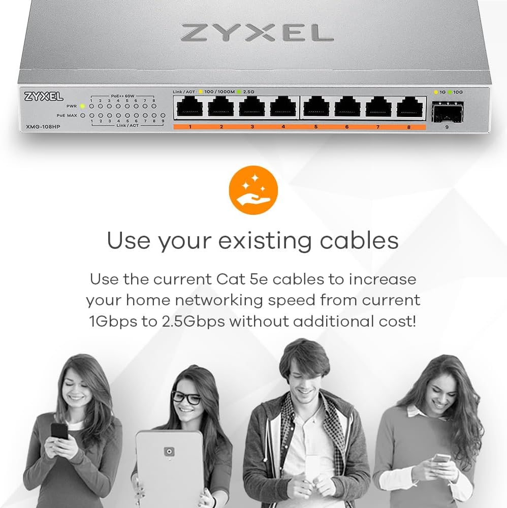 Zyxel 8-Port PoE 2.5G Multi-Gig Unmanaged Switch @ 100W with 8 x PoE++(60W) | 1 x 10G SFP+ |desktop or wall mount