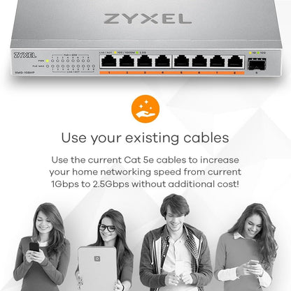 Zyxel 8-Port PoE 2.5G Multi-Gig Unmanaged Switch @ 100W with 8 x PoE++(60W) | 1 x 10G SFP+ |desktop or wall mount