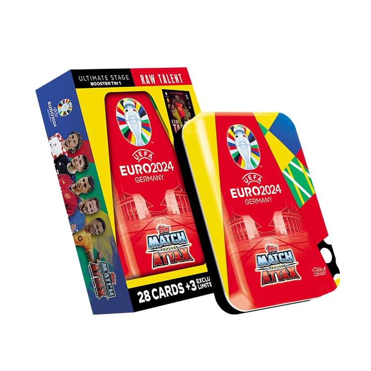 Topps Official Euro 2024 Match Attax - Booster Tin - Raw Talent - contains 28 EURO 2024 Match Attax cards plus 3 exclusive Raw Talent Limited Edition cards! Booster Tin Raw Talent