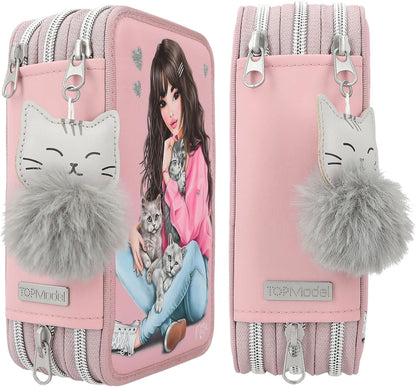 Depesche 11754 TOPModel Kitten - Estuche de 3 compartimentos con motivo de modelo, estuche rosa con lápices de colores, regla, tijeras y mucho más.