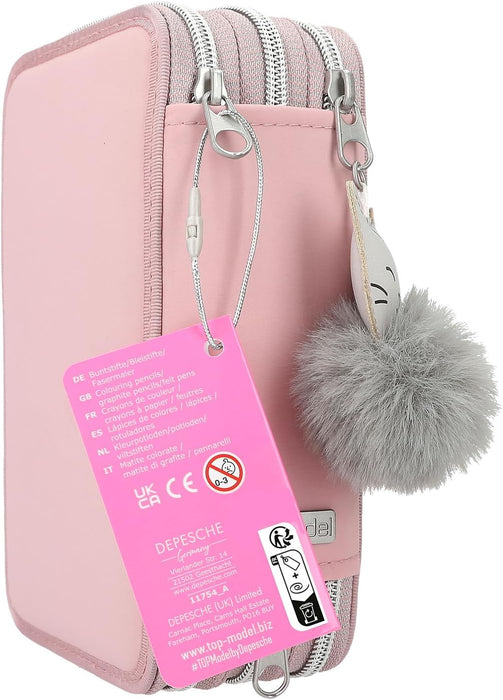 Depesche 11754 TOPModel Kitten - Estuche de 3 compartimentos con motivo de modelo, estuche rosa con lápices de colores, regla, tijeras y mucho más.