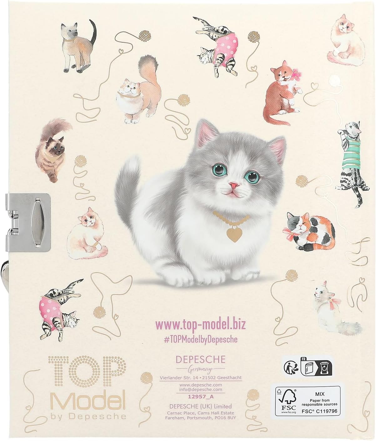 Depesche 12957 TOPModel Kitty and Doggy-Agenda en Beige, con Motivo de Modelo y Gato, Libro con 192 páginas rayadas y Cierre, Multicolor (0012957
