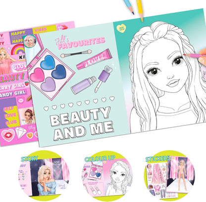 Depesche TOPModel Beauty Fun 13137 Colouring Book with 36 Pages for Designing Model Motifs, Includes 3 Double-Sided Stickers