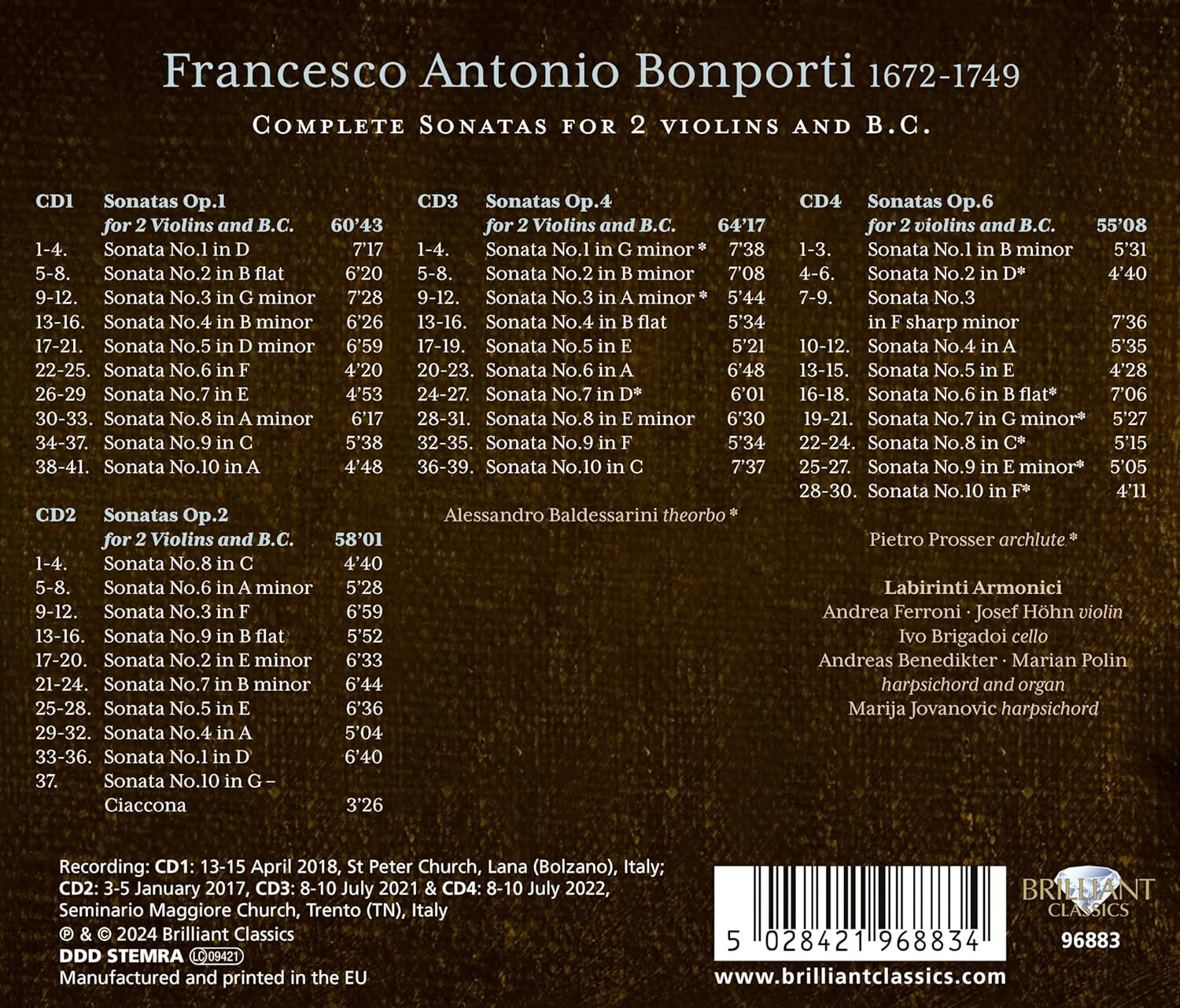 Bonporti: Complete Sonatas for 2 Violins and B.c.