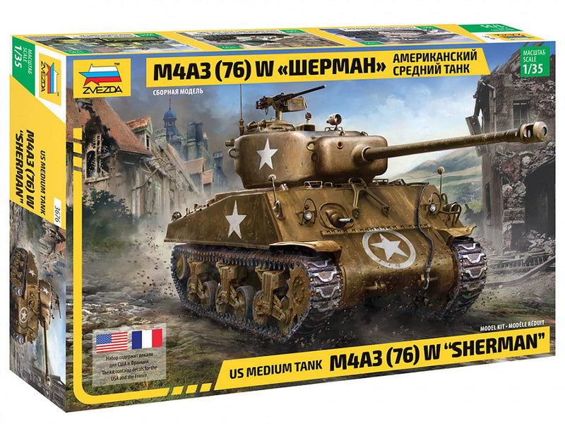 Zvezda 3676 1:35 M4A3 (76) W Sherman Model, Plastic Kit for Assembly, Detailed Replica, Unvarnished