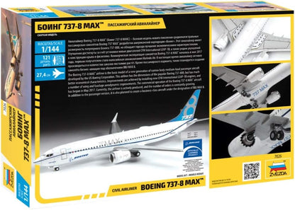 Zvezda- Boeing 737-8 MAX Other License vehículo 500787026-Boeing 144-Maqueta de construcción (1:144), Color Plateado, Mittel (7026