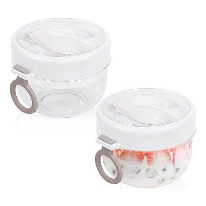 Herklotzn Overnight Oat Container mit Deckel und Löffel 2 Stück, 20Oz Tragbare Kunststoff Joghurt Töpfe, Auslaufsichere Dessertbecher Weiß