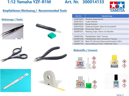 Tamiya TAM14133 300014133 Yamaha 14133 YZF-R1M Building 1:12 Scale High Fit Plastic Kit Model Motorcycle Assembly Unpainted, Unvarnished