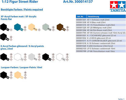Tamiya- Menschen 1:12 Figura Street Rider-réplica Fiel, modelismo, Hobby, Pegado, Kit de plástico, Montaje, sin Pintar, Color (Grey Marl) (14137
