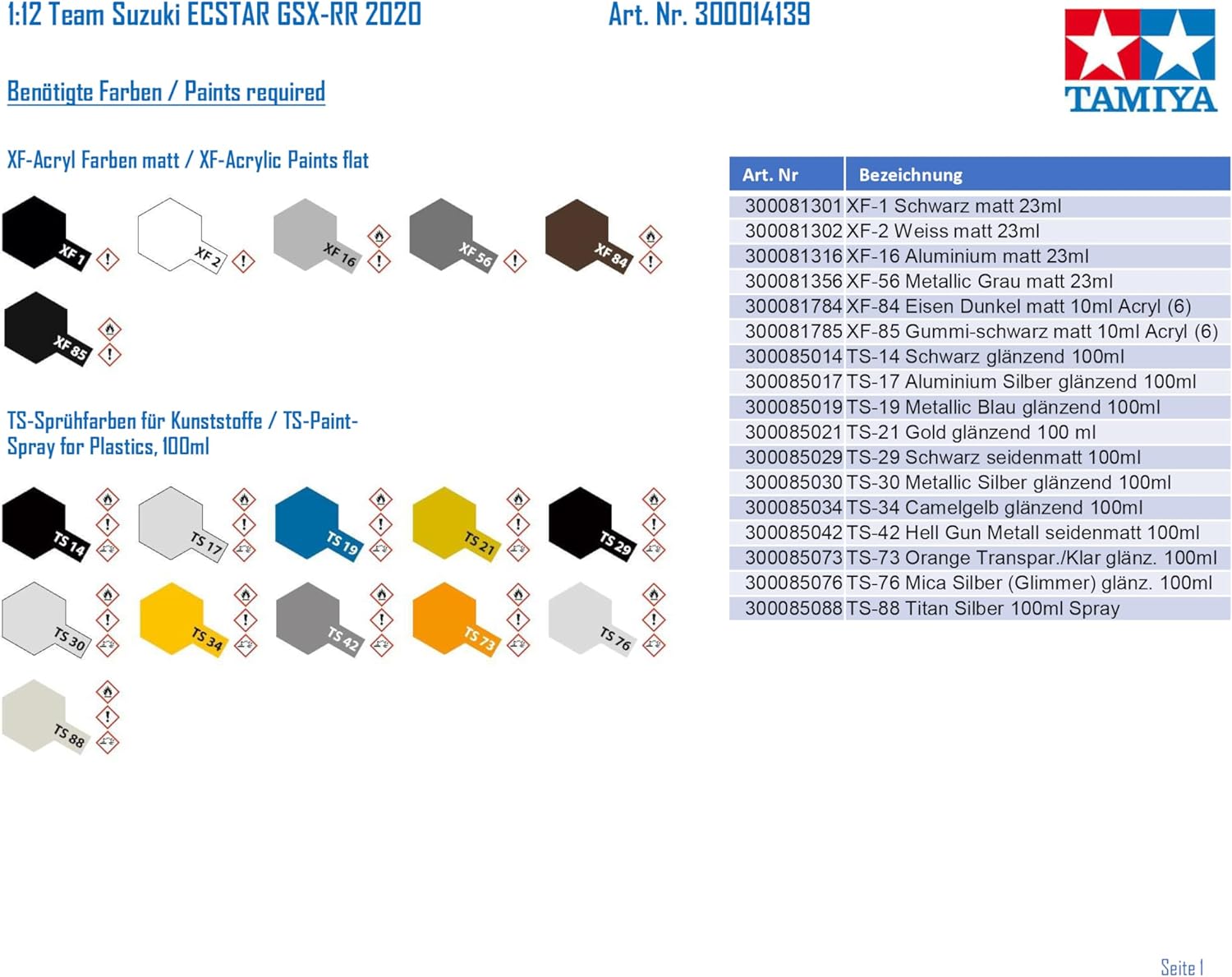 TAMIYA 14139 1:12 Team Suzuki ECSTAR GSX-RR 2020 Faithful Replica, Plastic kit, Crafts, Model kit, Assembly, unpainted, Multi-Coloured