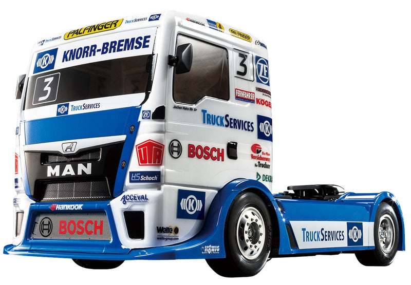 TAMIYA TAM58632 58632 MAN 58632-1:14 RC Team Hahn Racing TGS TT-01E, Remote Controlled car/Vehicle, Model Building, kit, Unvarnished RaceTruck MAN (Team Hahn Racing)