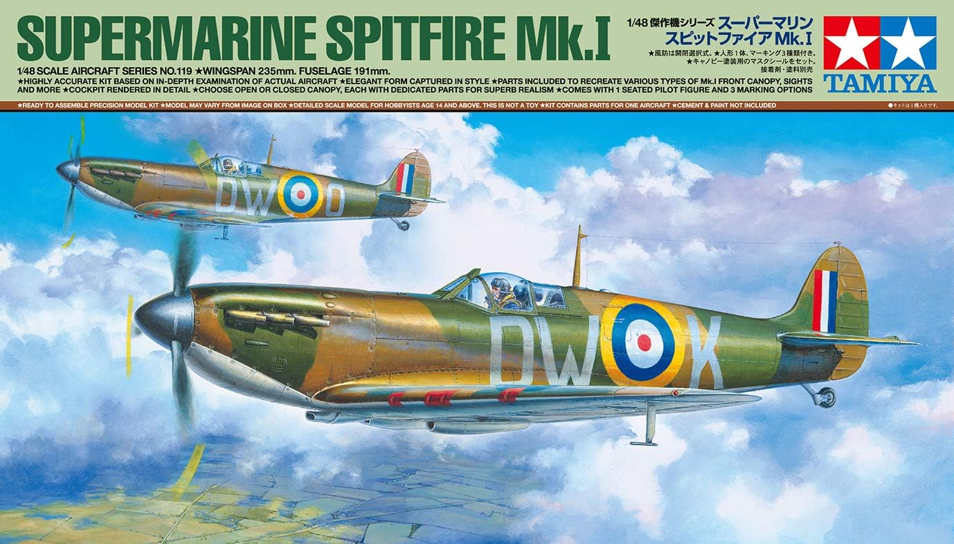Tamiya TAM61119 Fahrzeug 61119-1:48 British Supermarine Spitfire Mk.I, Model Building, Plastic Kit, Unvarnished
