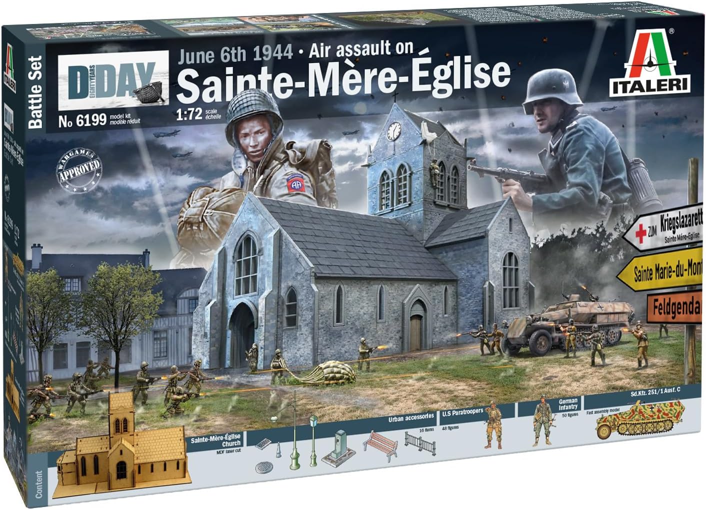Italeri 6199 1:72 Battle of Normandy St-Mère-Église, Standing Model Building, Crafts, Hobby, Gluing, Plastic Kit, Detailed