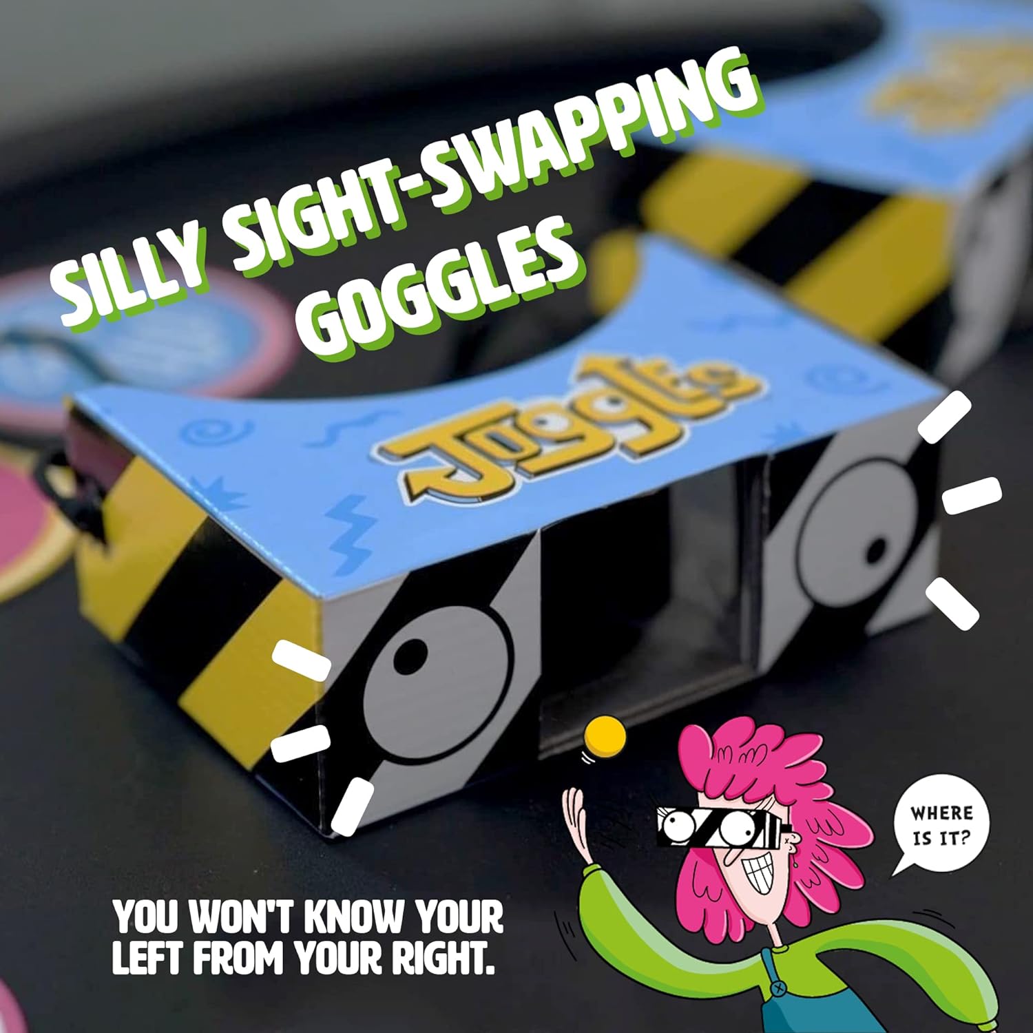 Ginger Fox Joggles Party Game. Change The Way You See Things By Putting On The Joggles Goggles And Completing Hilarious Challenges Whilst Your Left And Right Vision Are Switched The Wrong Way Around.