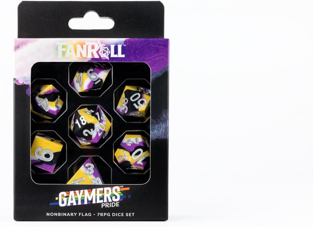 FanRoll by Metallic Dice Games 16mm Pride Sharp Edge Silicone Rubber Poly Dice Set: Nonbinary