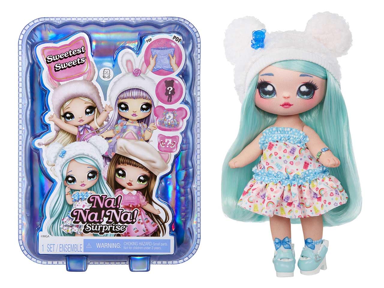 Na! Na! Na! Surprise Sweetest Sweets - Brianna Bear - Muñeca de Moda Suave de 19 cm - Muñeca Posable Inspirada en una Osa con Zapatos y Cepillo - Embalaje Misterioso y Sorpresa de Confeti - para +5