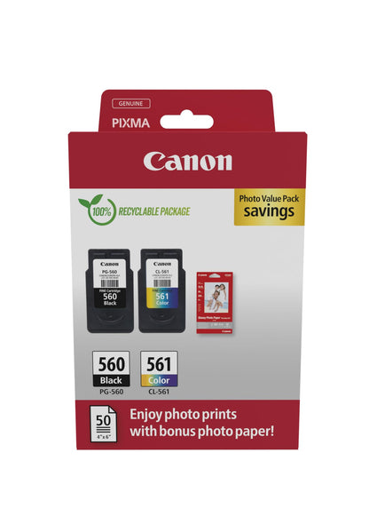 Canon PG-560 / CL-561 Genuine Ink Cartridges, Pack of 2 (1 x Black, 1 x Colour); Includes 50 sheets of 4x6 Photo Paper - Cardboard Multipack